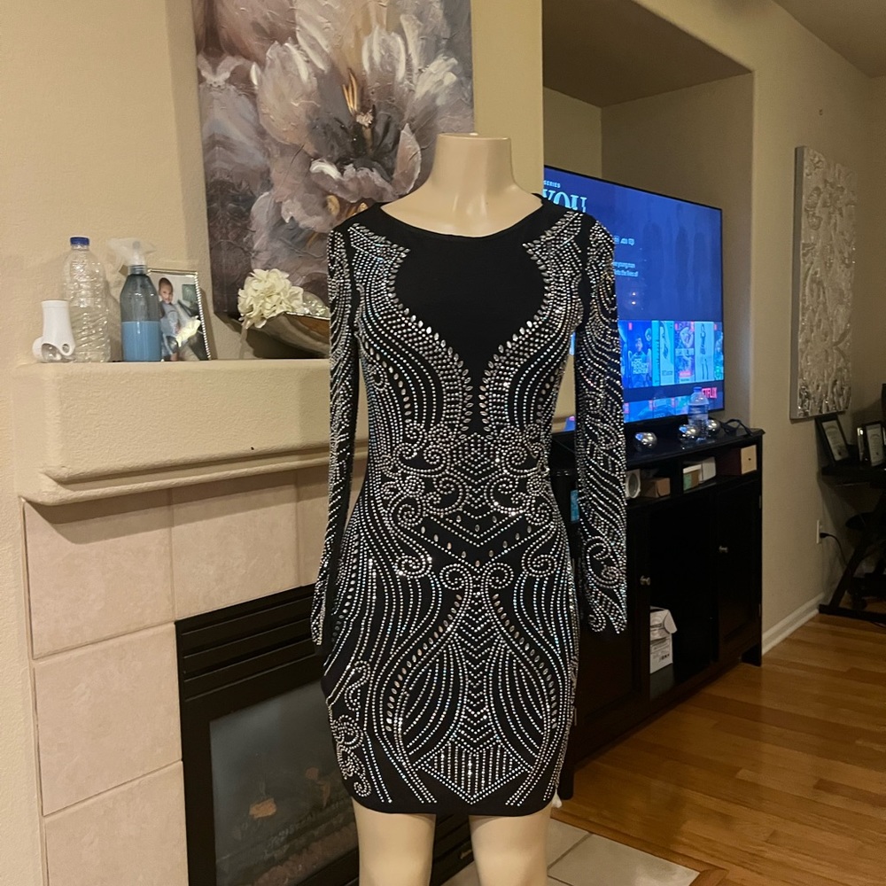 Rhinestone mesh bodycon black dress